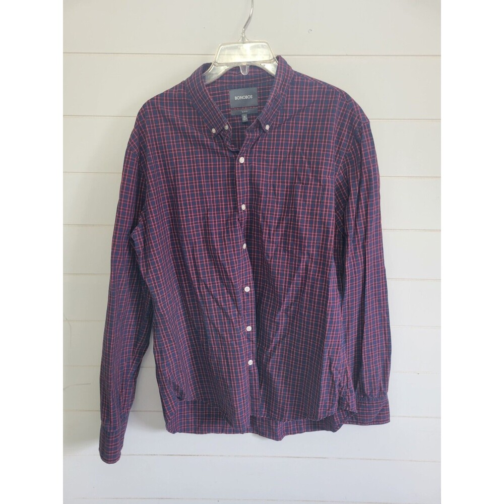 Bonobos Mens Button Up Shirt Plaid Slim Fit Long Sleeve Navy Red Size XL